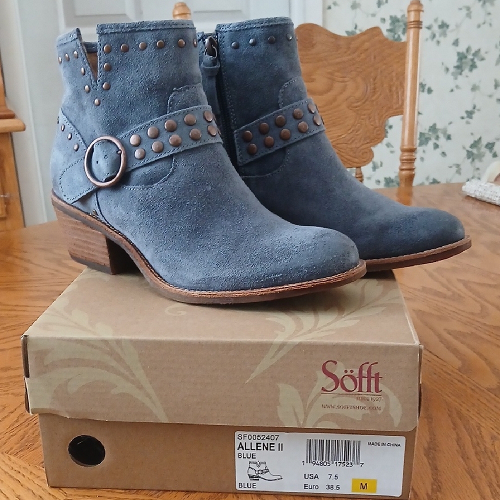 Sofft Blue Suede Ankle Booties with Studs